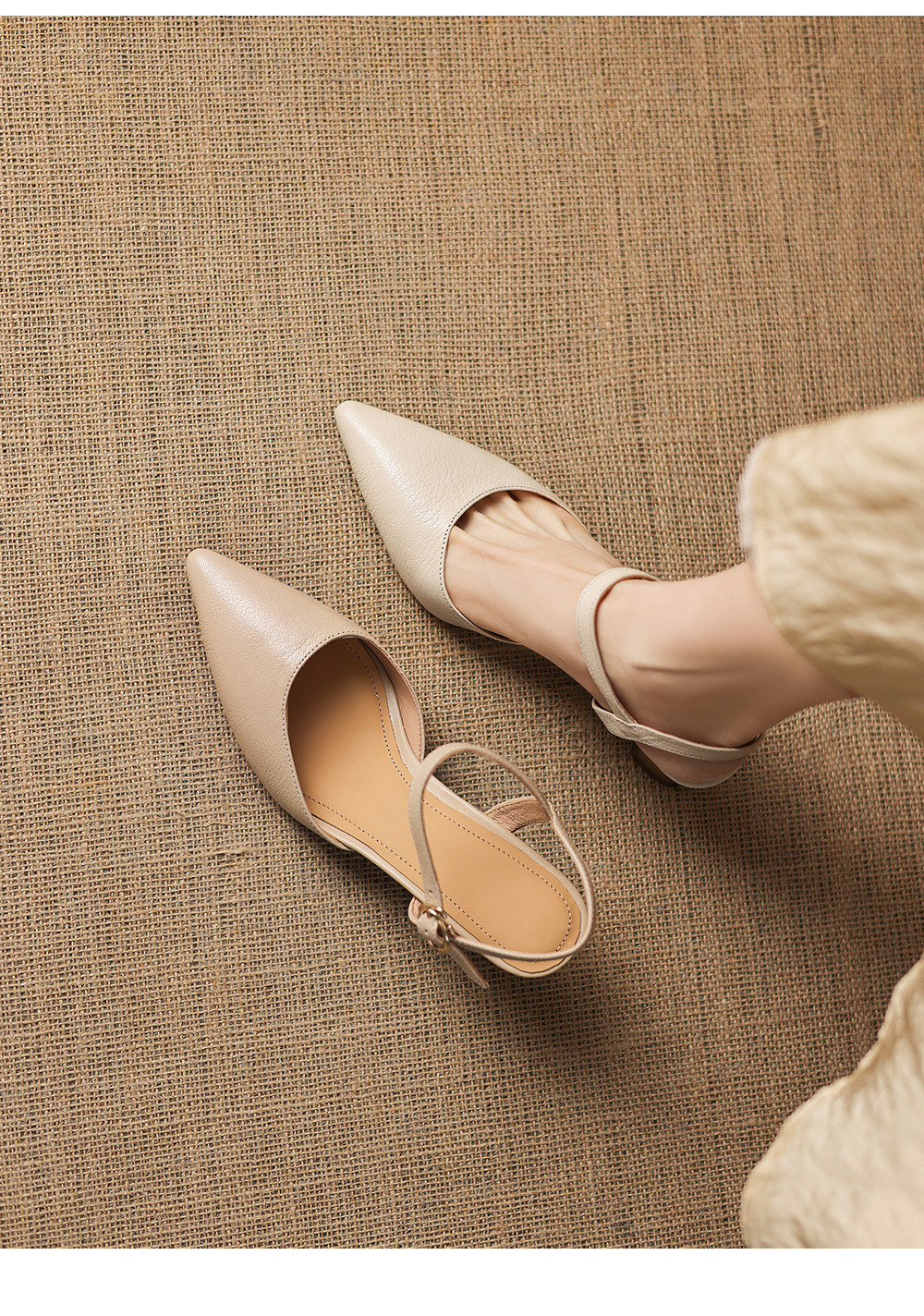 Sandal cao gót nữ mũi nhọn quai ngang da cừu bọc mũi — màu trắng ngà chi tiết 2