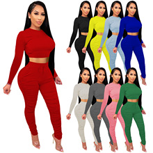 4335 跨境2021秋冬欧美女装  纯色褶皱棉质长袖运动裤套装 两件套