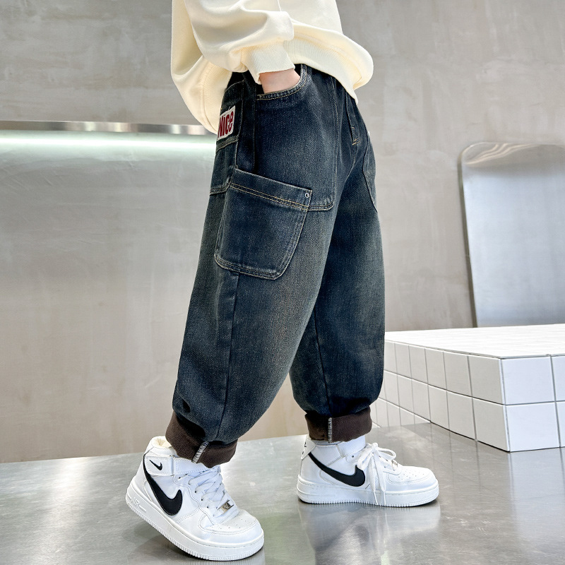 어린이 소년 기모 바지 겨울 청바지 2024 년 새 겨울 소년 원피스 양털 캐주얼 바지