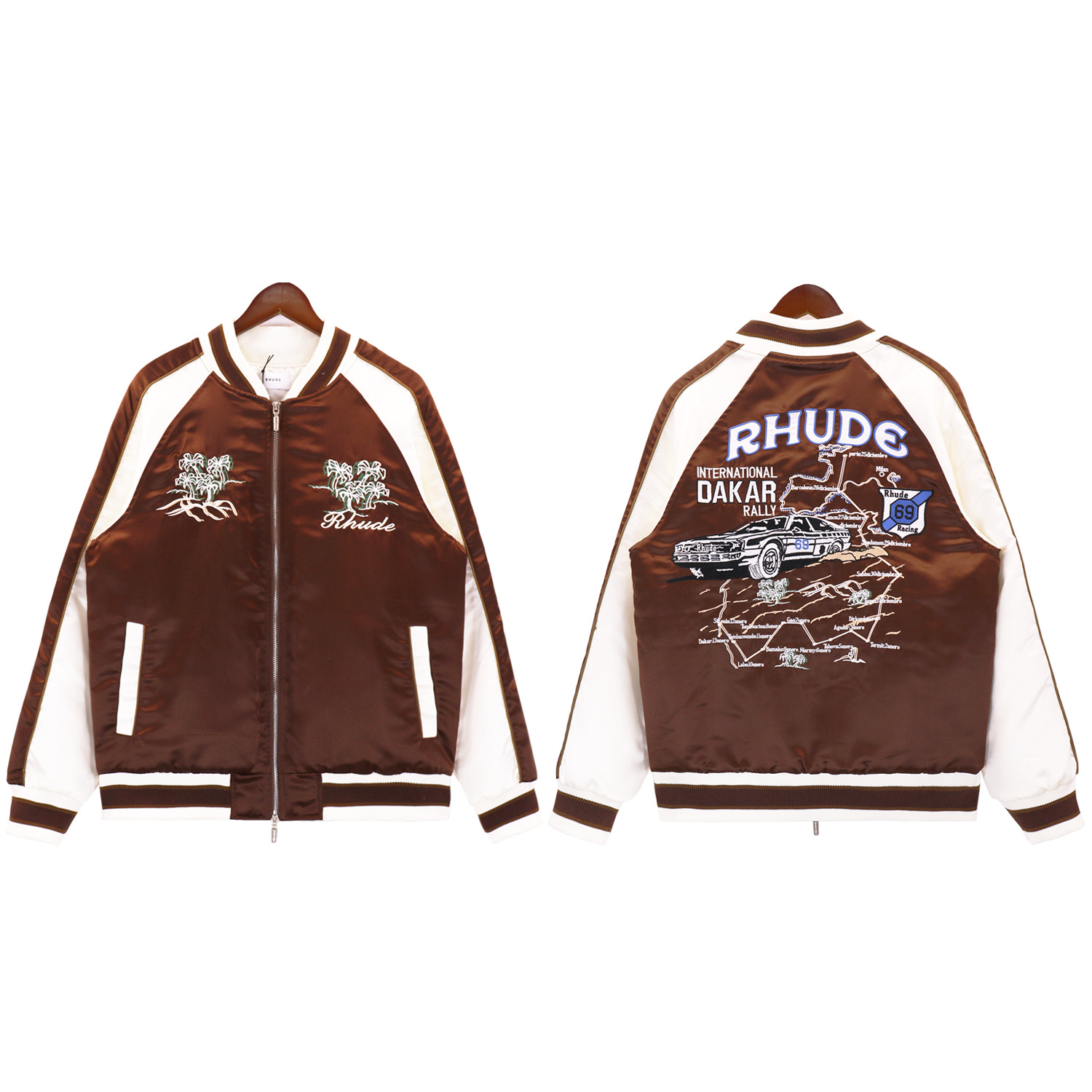 RHUDE, a trendy American brand, offers unisex baseball jackets with embroidered lettering for autumn and winter.