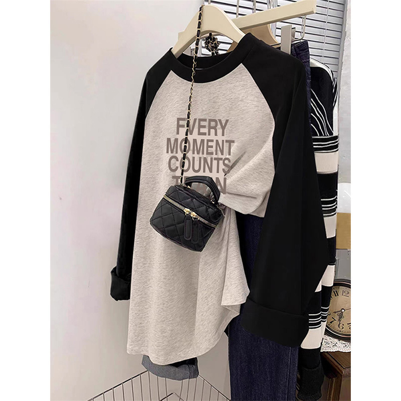 American-style fashion color-blocked raglan long-sleeve t-shirt for women, plus size, loose and casual, mid-length, paired with shark pants