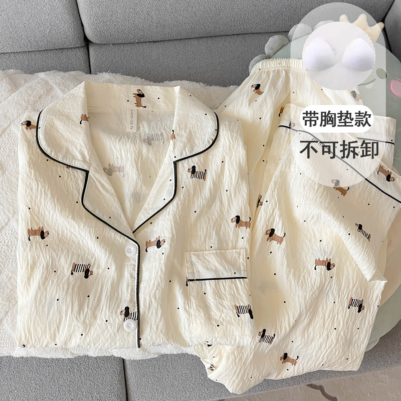 Polka-Dot Dachshund Cloud Pure Cotton Gauze Pajamas with Breast Pad Women's Spring Autumn Summer Long Sleeve Suit Cartoon Home Clothes