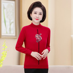 中老年妈妈羊绒衫女秋冬新款时尚印花加厚保暧百搭毛衣打底衫
