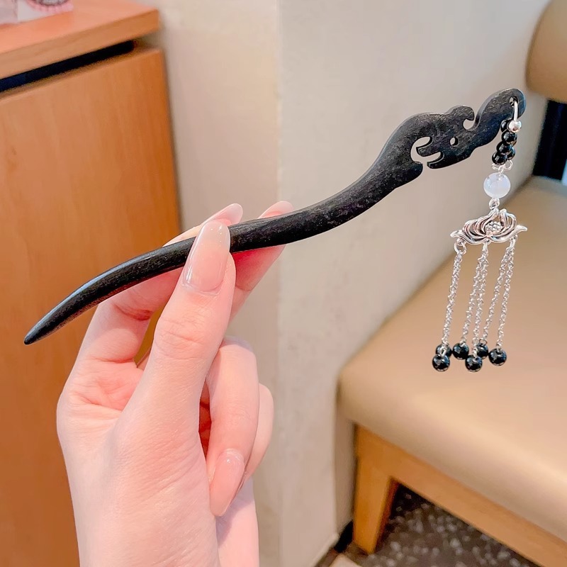 天然黑檀木发簪女清冷感发饰玉兰花步摇簪子古风旗袍头饰日常盘发|undefined