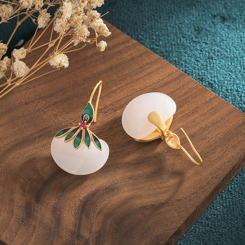 Chinese style classical Hanfu accessories cold enamel cloisonné craft inlaid imitation Hetian jade retro earrings and earrings for women