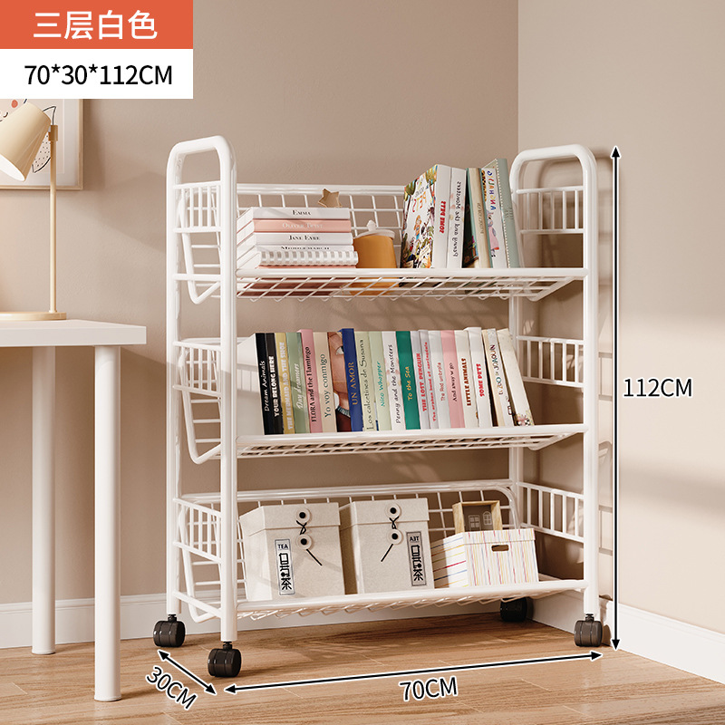 Estante de libros para niños Estante de almacenamiento de hierro forjado contra la pared Estante de almacenamiento de piso Estante de ruedas plegable móvil junto al escritorio