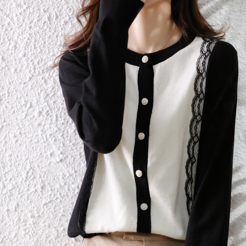 French Style Chic Small Shirt 2022 Spring Contrast Color Lace Knitted Cardigan Elegant Top Long Sleeve Chanel Style Coat for Women