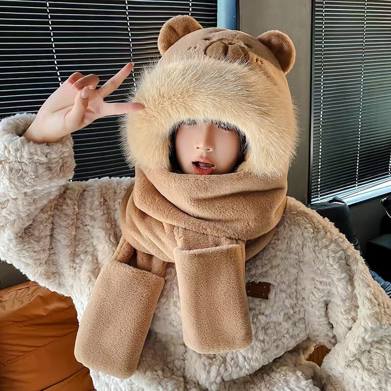 可爱卡通熊猫帽子围巾手套一体女秋冬毛绒保暖加绒加厚帽子三件套|undefined