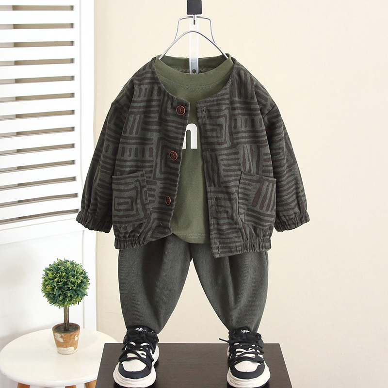 6077 Conjunto de chaqueta de primavera y otoño de estilo occidental para niños 2024 Nuevo traje de tres piezas de cárdigan de pana coreana de otoño para niños