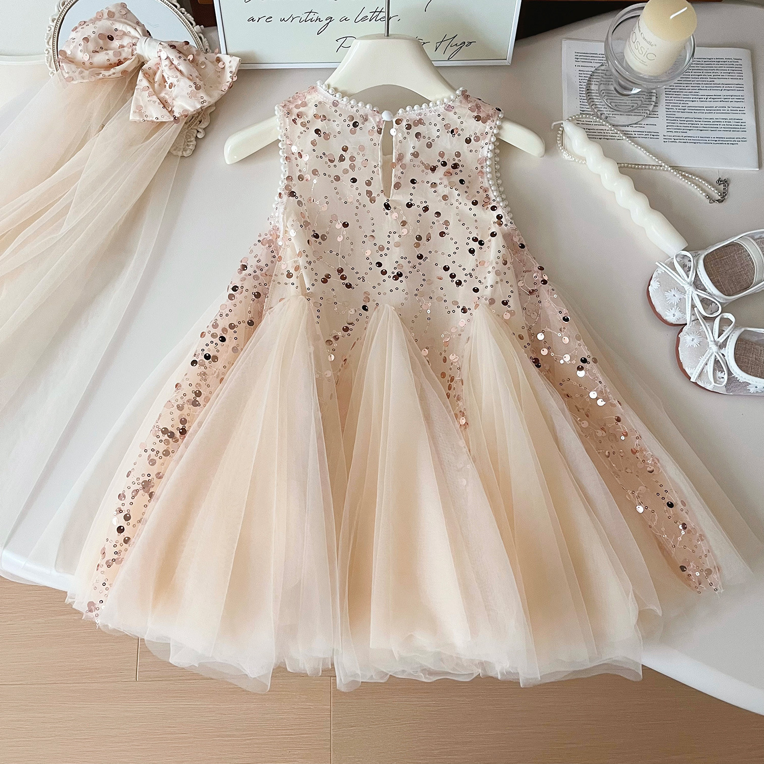 Robe de princesse en maille à paillettes pour filles, nouvelle version coréenne de l'été 2024, sans manches, 24329_voghion.com