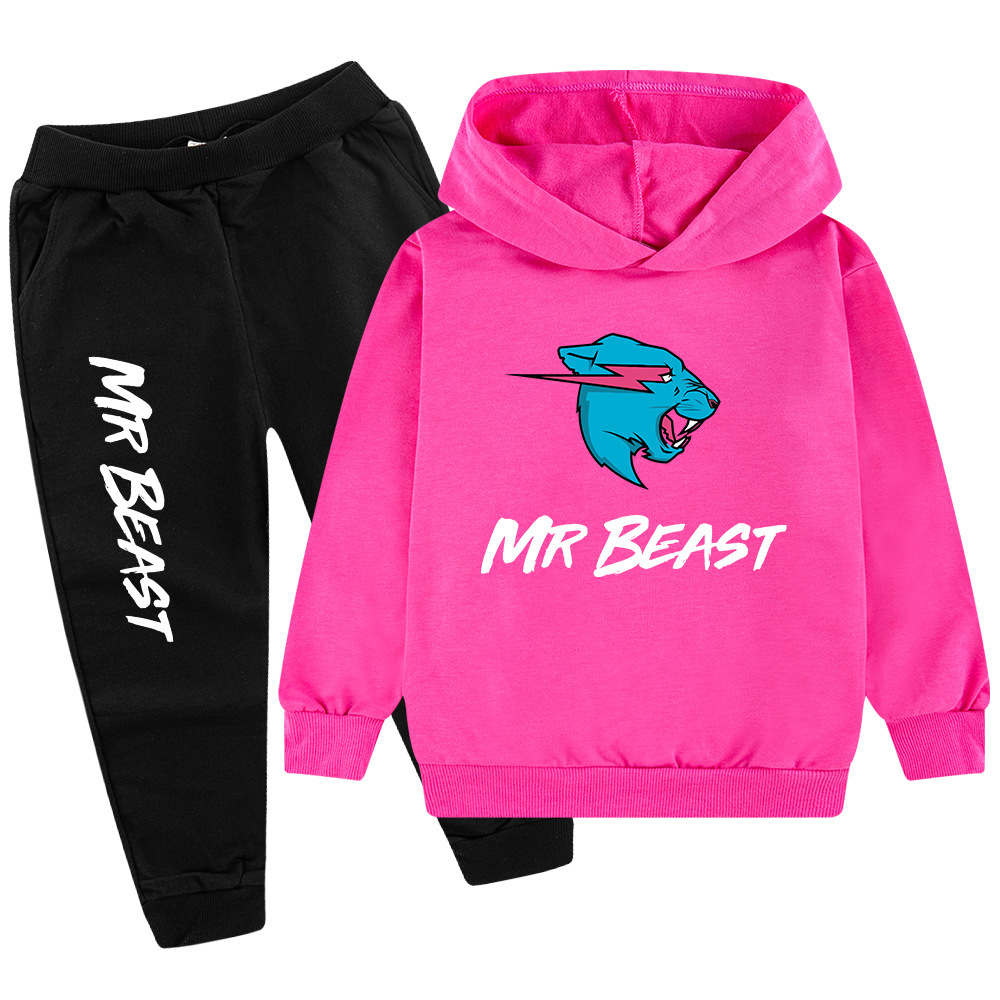 Testa di lupo MR BEAST Cartoon stampato set per ragazzi e bambini felpa con cappuccio maglione + pantaloni PB437_voghion.com