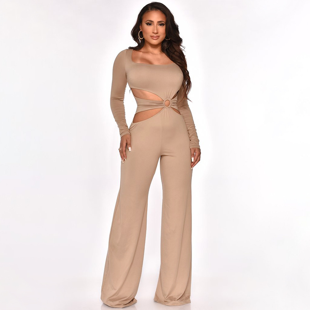 solid color square neck exposed waist hollow jumpsuit NSMYF84713