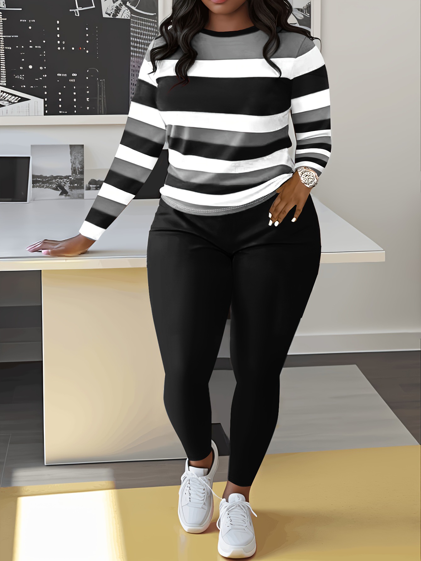 Women's Two-piece Pant Set Long Sleeve Striped Colour Block Outfit_voghion.com