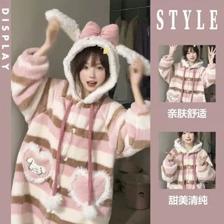 可爱少女Mikko珊瑚绒睡衣女秋冬季加绒加厚保暖法兰绒家居服睡袍