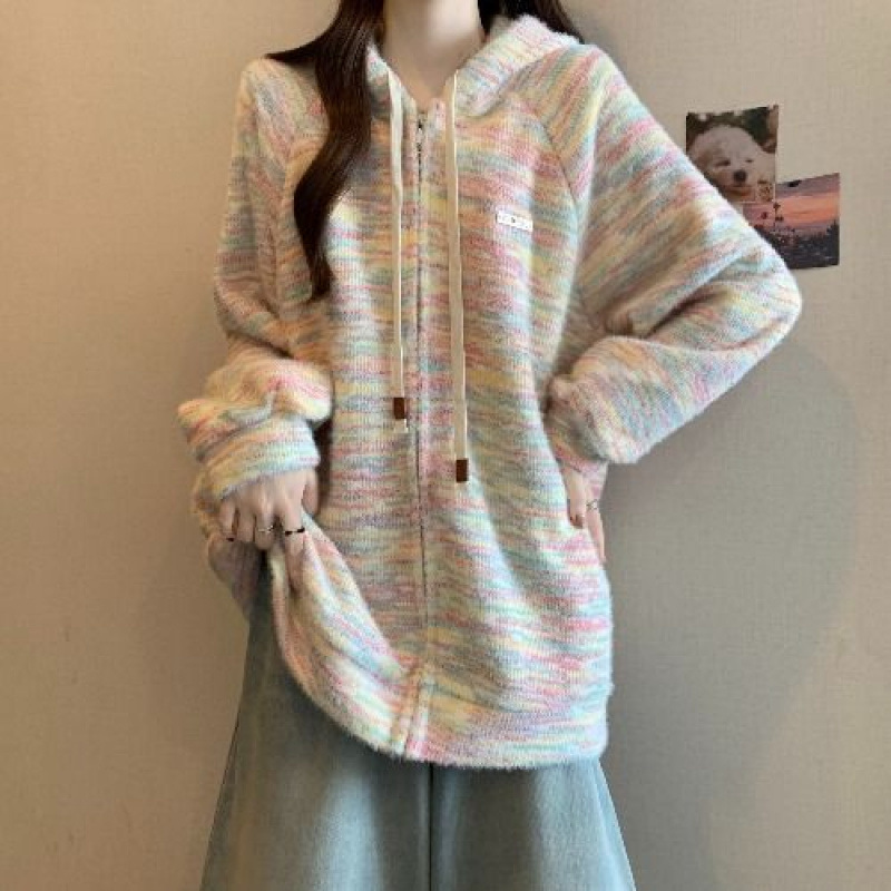 150kg Plus-size women's rainbow warm cardigan hooded jacket, autumn/winter new style, fleece-lined and thickened sweatshirt for women