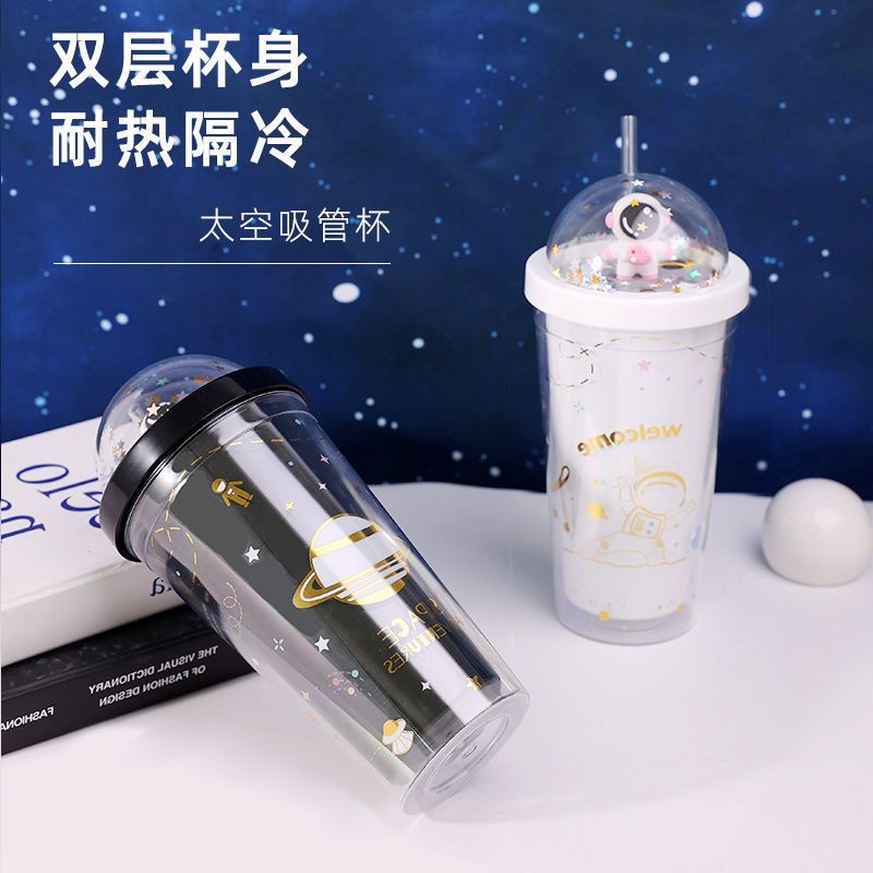 Nuevo espacio lindo astronauta muñeca paja taza Internet celebridad verano hielo taza de dibujos animados lindo doble capa taza de plástico