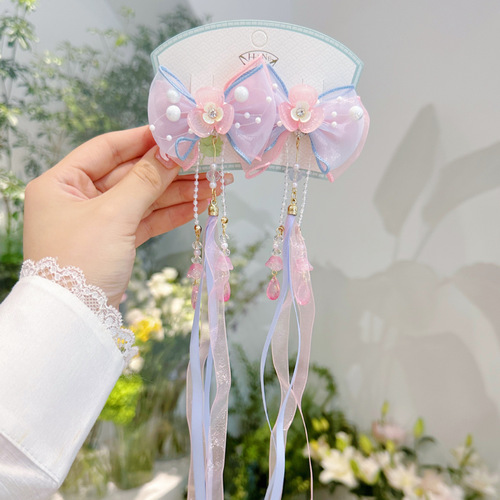 Children's hairpin Chinese style flower ribbon Hanfu clip Exquisite rhinestone bow antique style girls and children's hair accessories