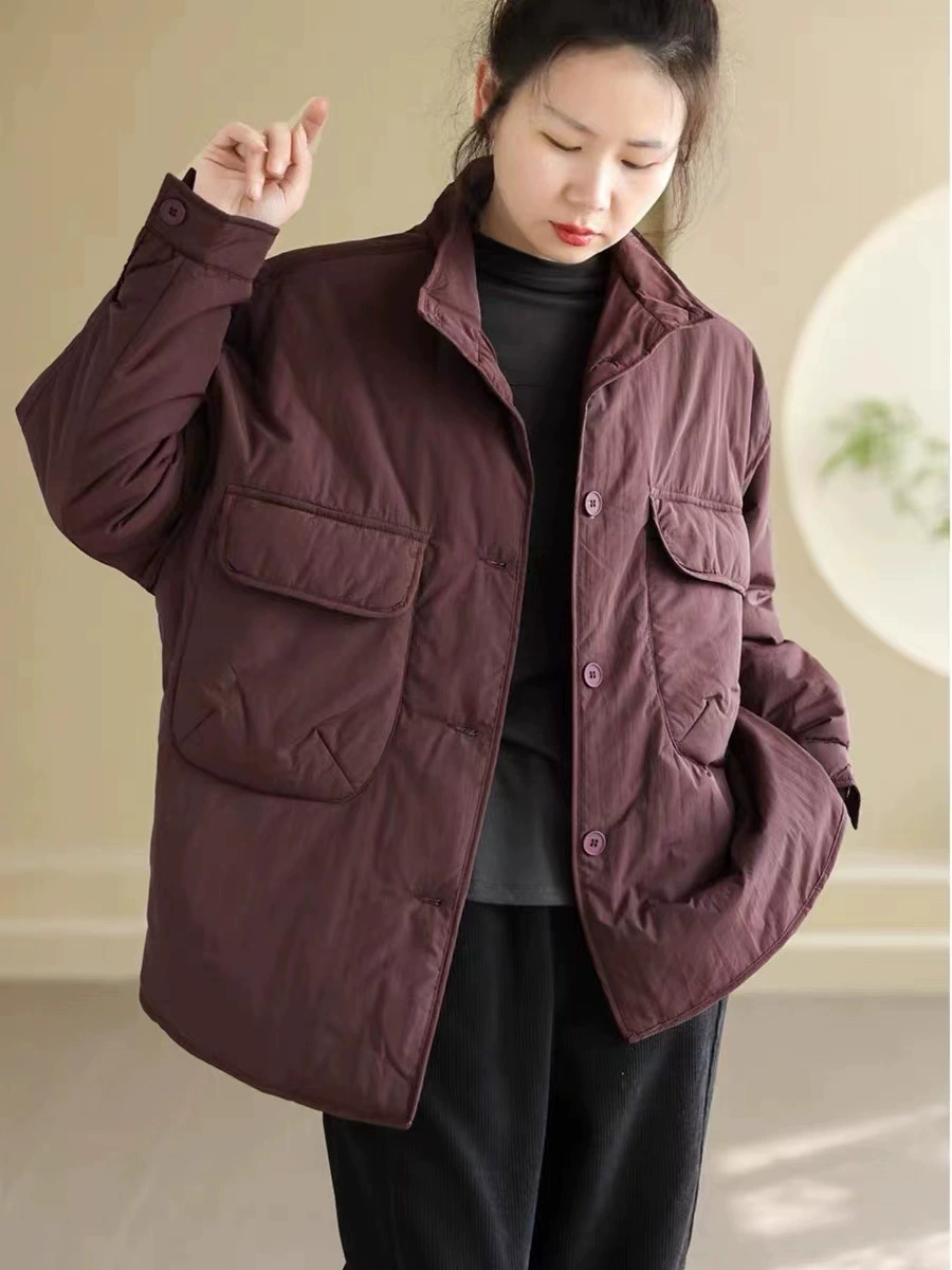 Demi‑season quilted down jacket, oversized cut, solid colors (khaki/black/dark purple)