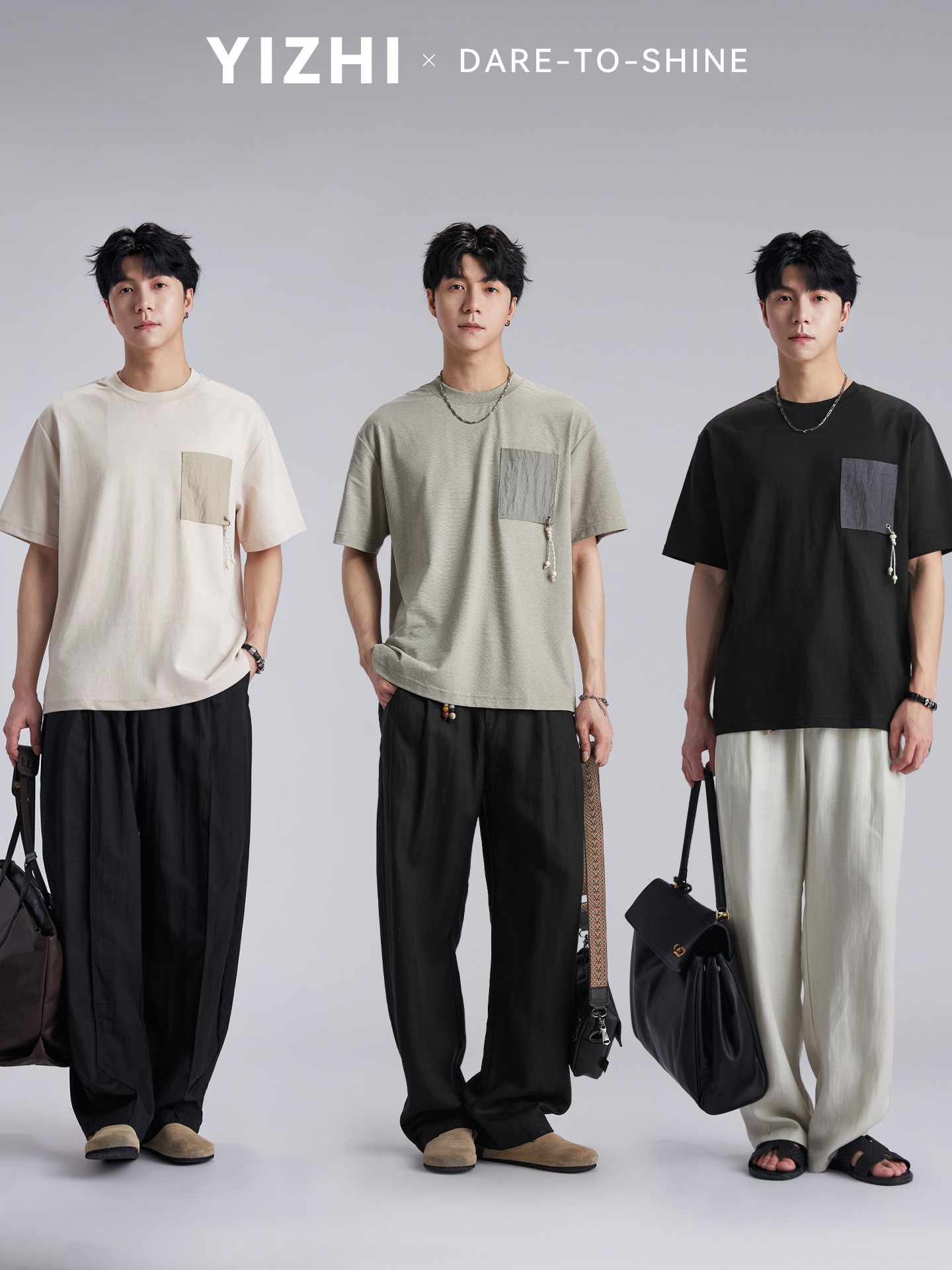 Áo thun nam cổ tròn tay ngắn chất liệu cotton thoáng mát, form rộng thả vai, túi đắp phối màu đính cườm — đen