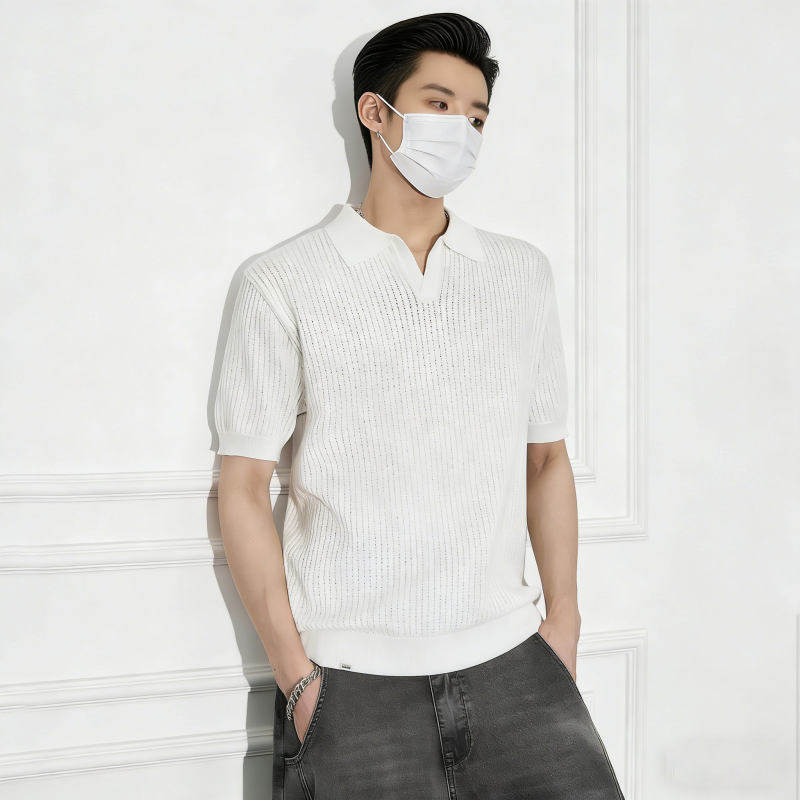 Camisas de polo de manga corta de estilo antiguo, camisetas de punto de cuello en V de hombre, camisetas de textura hueca de gaviota, fábrica de verano al por mayor.