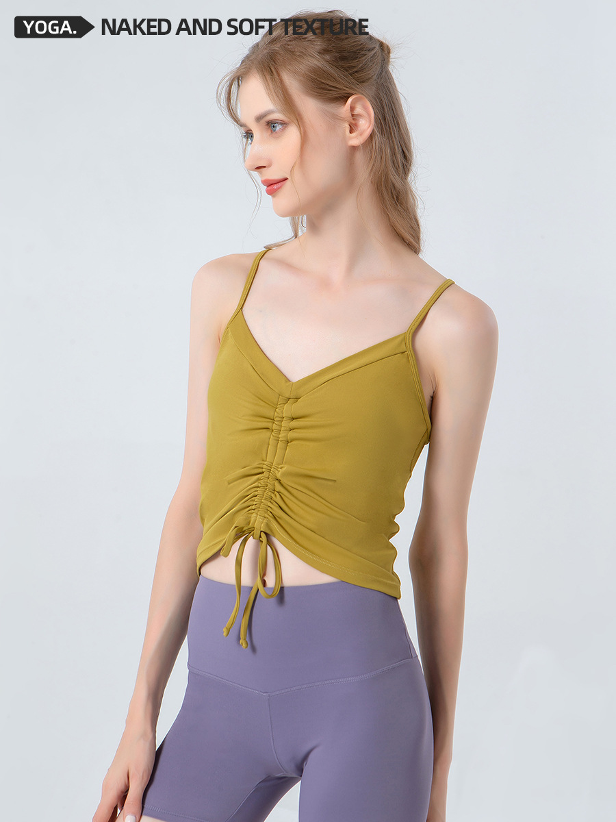 Nuevo top de yoga con tirantes y lazo para otoño e invierno, top de yoga ajustado y adelgazante con almohadillas en el pecho, camisola deportiva