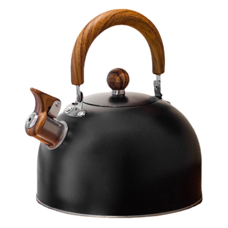 Estilo europeo silbato hervidor boutique familia bar grano de madera mango de acero inoxidable hervidor 3L negro olla de sonido