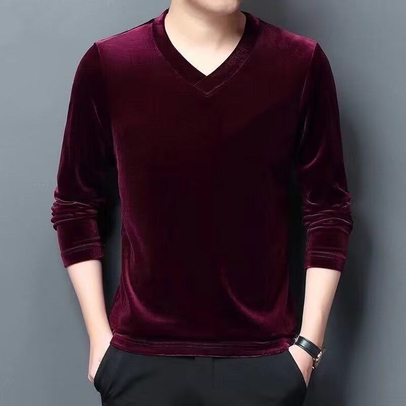 Origen Fabricante Camiseta de manga larga de terciopelo dorado Primavera y otoño Camisa de fondo con cuello en V para hombre Ropa interior térmica Top casual