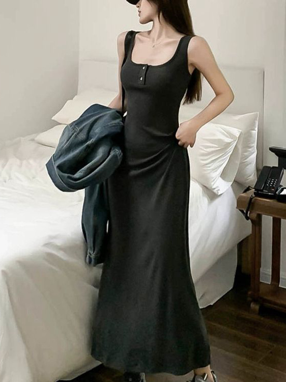 Plus Size Tall Square Neck Hot Girl Sleeveless Suspender Dress New Women's Summer Waist Slimming Versatile Mid-Length Style