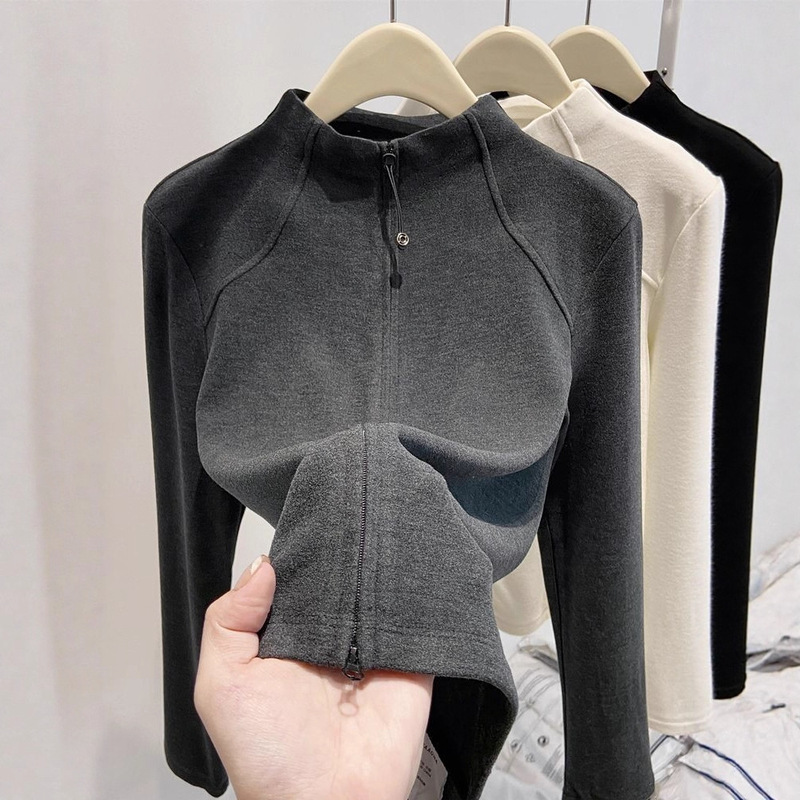 New Half-High Collar German Velvet Inner Layering Shirt for Women in Autum Double Zipper Cardigan Jacket Slimming Look Sweatshirt Inner Layering