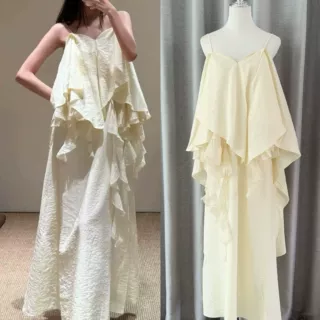 现货/2026法式度假风荷叶边宽松吊带连衣裙女夏季不规则长裙