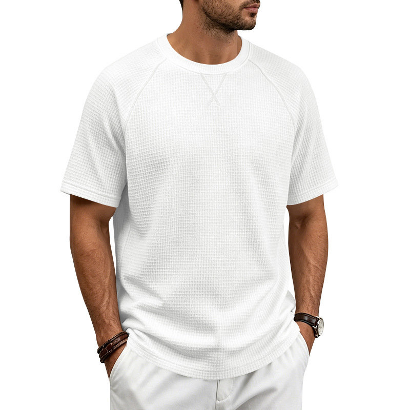 Men's Waffle Knit Short Sleeve T-Shirt, Breathable Textured Cotton-Like Fabric, Relaxed Fit Casual Tee For Summer_viptrois.com
