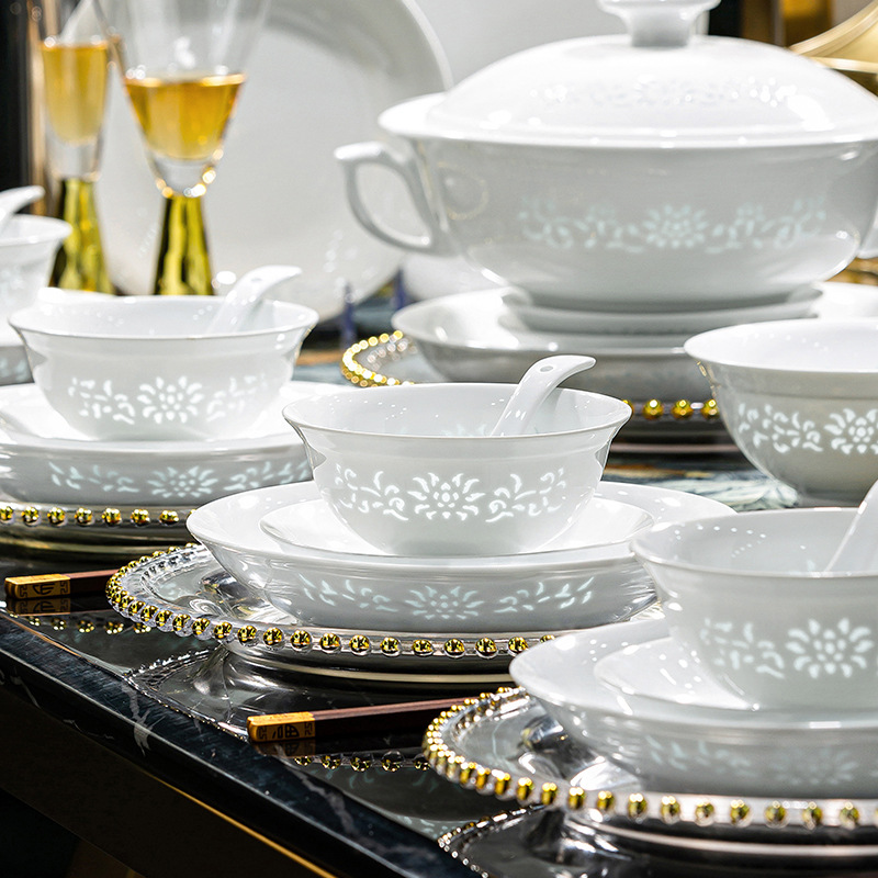 Jingdezhen White Porcelain Exquisite Tableware High Temperature Underglaze Color Wedding Housewarming Ceramic Dishes and Plates Set for Home Use