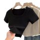 French Style Shoulder Square Collarbone T-shirt Women's Summer Design Sense apricot Curved Hem Tight Waist Short Hot Girl Top