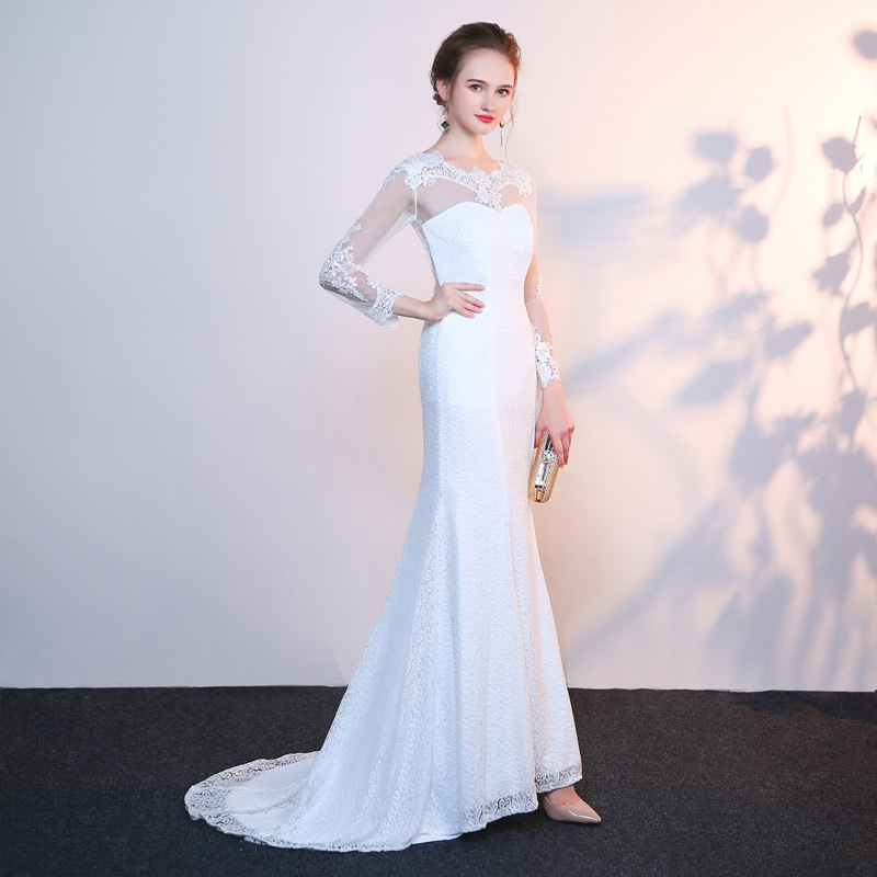 Comercio exterior de Europa y América Amazon AliExpress deseo nuevo encaje manga larga sexy backless fishtail vestido novia puede ser personalizado