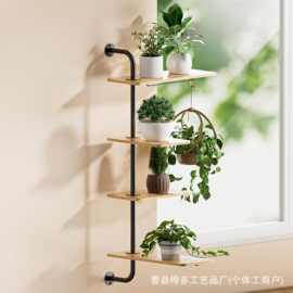 跨境创意复古铁艺墙上水管置物架客厅一字隔板装饰花架书架