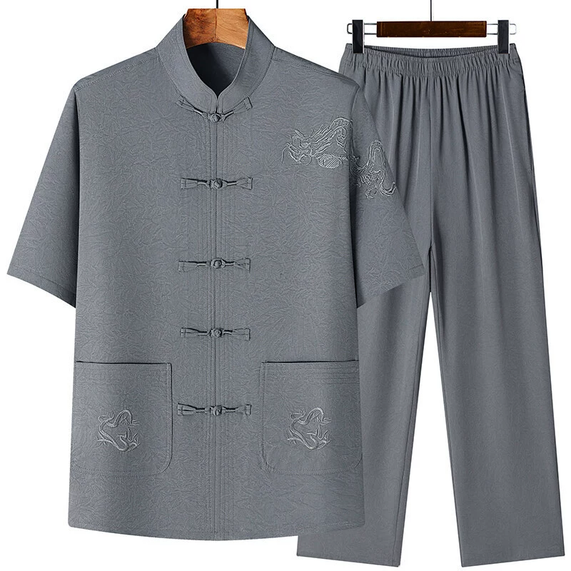 Костюм Тан с короткими рукавами для среднего и пожилого возраста, мужской летний костюм Тан, свободная летняя одежда китайской династии Хань, одежда для папы и дедушки