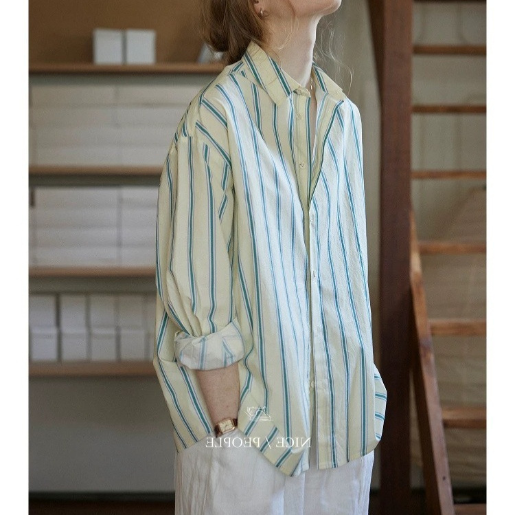 Nice Peopel Green Striped Loose Shirt Top French-Style Lapel Long-Sleeve Sun Protection Jacket Shirt Nice Peopel Green Striped Loose Shirt Top French-Style Lapel Long-Sleeve Sun Protection Jacket Shirt