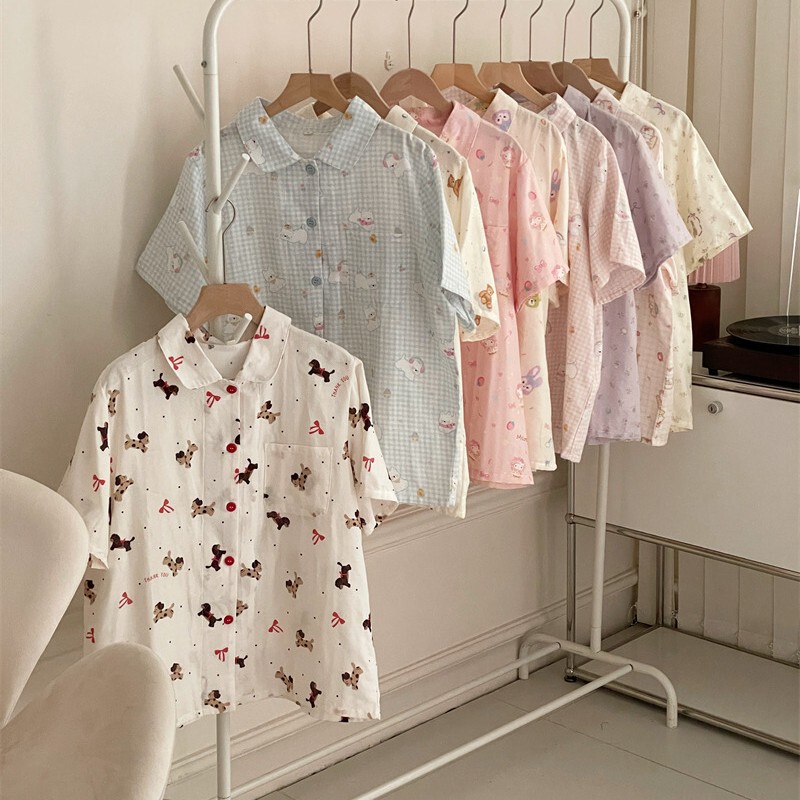 25 summer double-layer yarn small fresh shorts short sleeve suit home clothing cotton double-layer yarn breathable home clothing