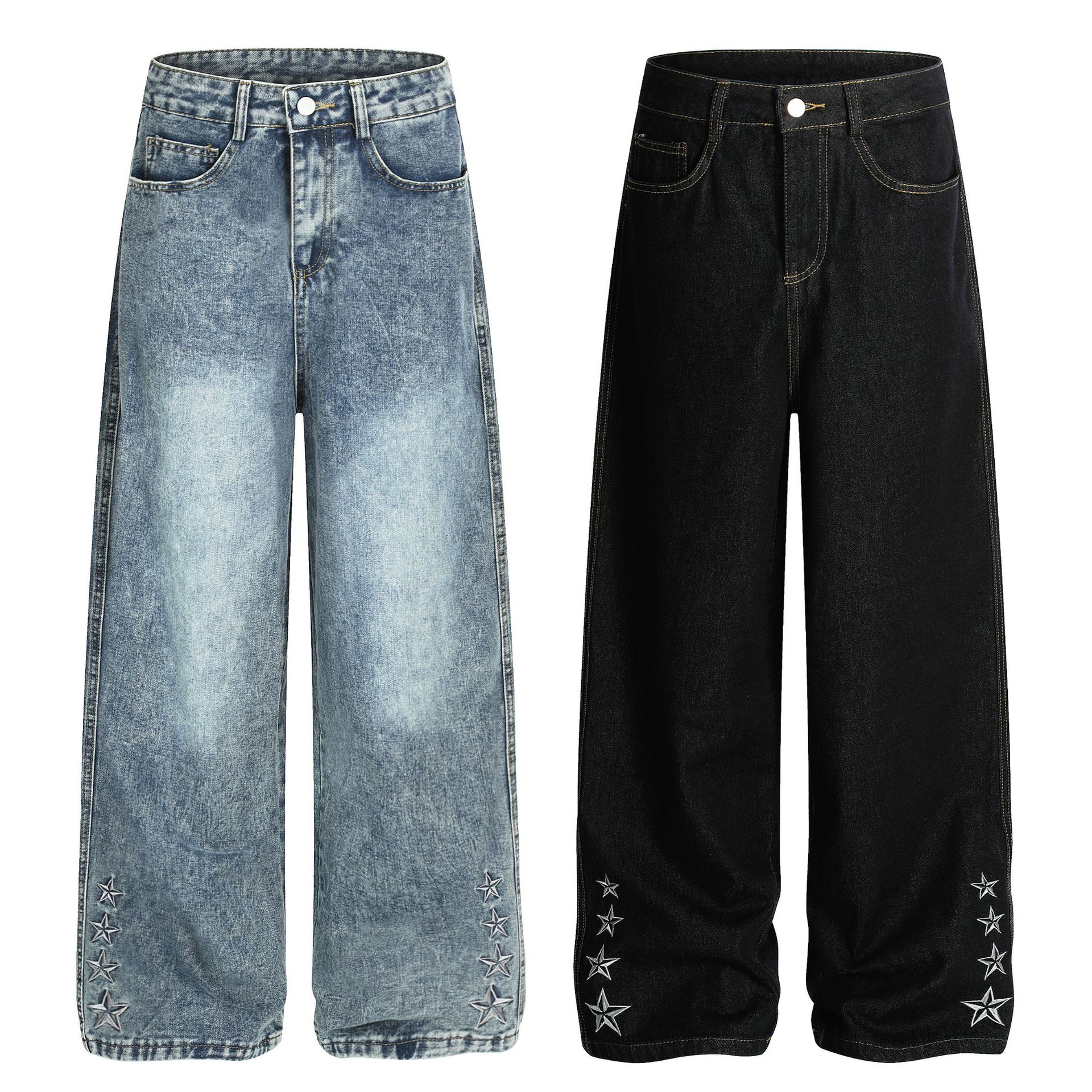 Korean-Style Distressed Washed Wide-Leg Jeans – Embroidered Star Details | Unisex Loose Fit Streetwear Denim Pants (S-XL, Blue/Black)_mkmklike.com