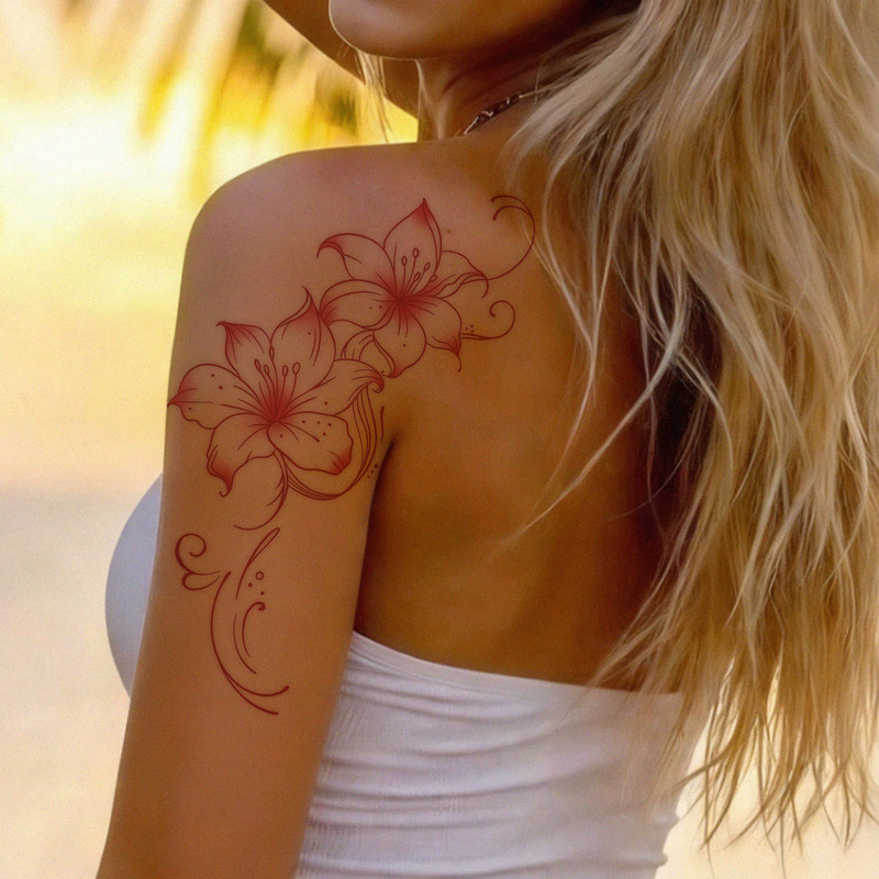 Gentle Style Cinnabar Red Lily Tattoo Sticker, Line Flower Design, High-End Waterproof Tattoo Sticker Gentle Style Cinnabar Red Lily Tattoo Sticker, Line Flower Design, High-End Waterproof Tattoo Sticker