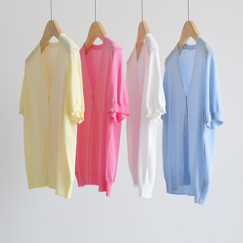 Summer V-Neck Exquisite Hollow-Out Short-Sleeve Knit Cardigan, Solid Color Versatile Loose Top, Thin Air-Conditioning Jacket Summer V-Neck Exquisite Hollow-Out Short-Sleeve Knit Cardigan, Solid Color Versatile Loose Top, Thin Air-Conditioning Jacket