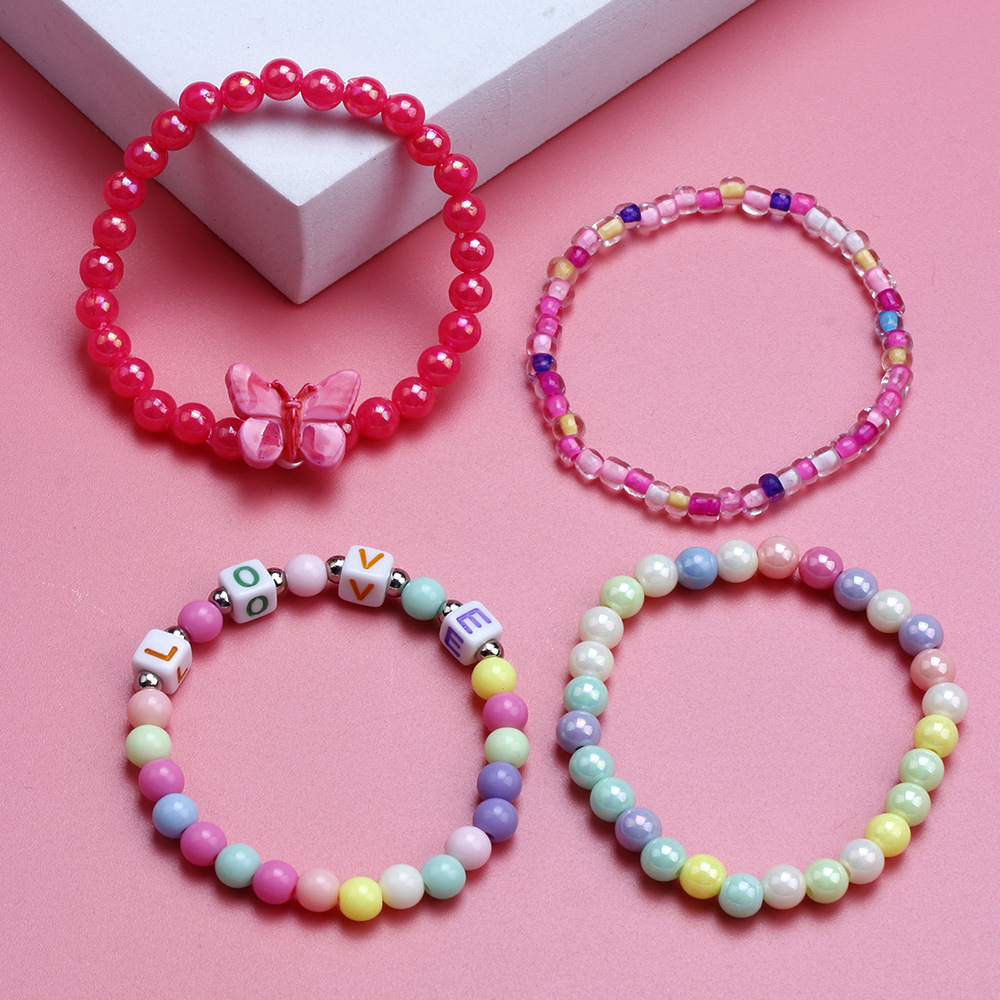 Acrylic Color Beaded Rose Red Butterfly Bracelet Set