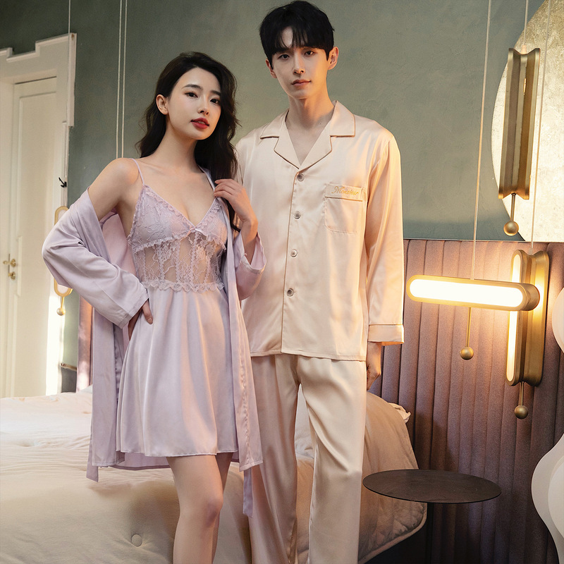 Couple's pajamas, women's sexy lace backless camisole with chest pads, two-piece robe set, men's youth home wear, thin ice silk