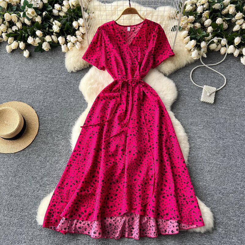 Designed One-Piece V Neck Lace-Up Waist Short-Sleeved Floral Dress for Women in Summer Slimming Look French Long Skirt