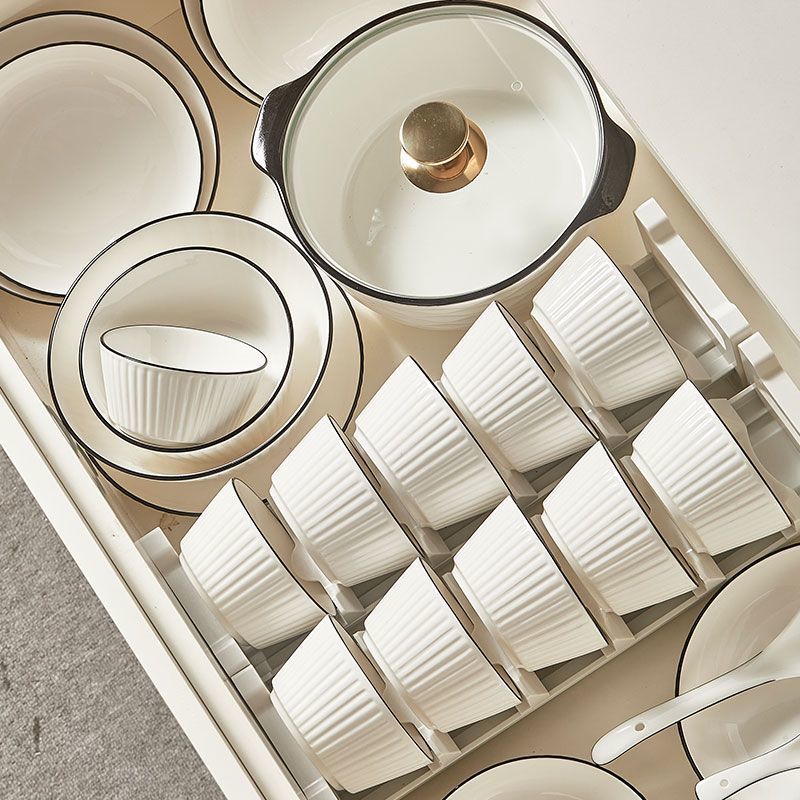 Minimalist Black Line Ceramic Bowl and Plate Set for 4-10 People, Creative Home Tableware Set with Vertical Stripes, Independent Stand