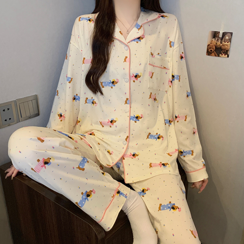 Al por mayor transfronterizo nuevo primavera y otoño pantalones de manga larga pijamas cardigans con ropa casualizada de algodón de dibujos animados