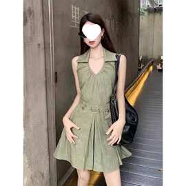 工装军绿色无袖背心连衣裙女夏季小个子领短裙气质遮肉字裙子