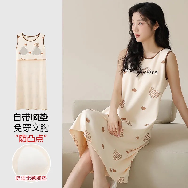 2025 pijama de verano de mujer cintura cojín de pecho chaleco vestido sin mangas ropa de pijama de damas mediana y larga gran tamaño comercio exterior transfronterizo