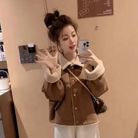 美拉德皮毛一体短外套女2025秋冬新款加绒加厚保暖小个子外套上衣