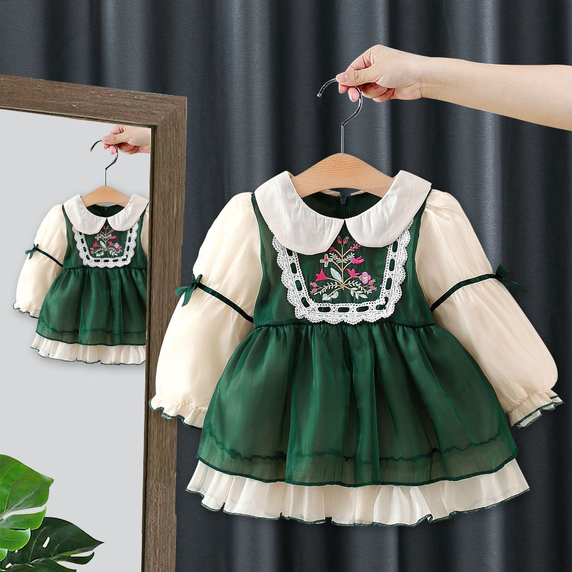 Robe de princesse élégante pour petites filles, nouveau style d'automne, jupe à manches longues en dentelle épissée pour enfants 4873_voghion.com